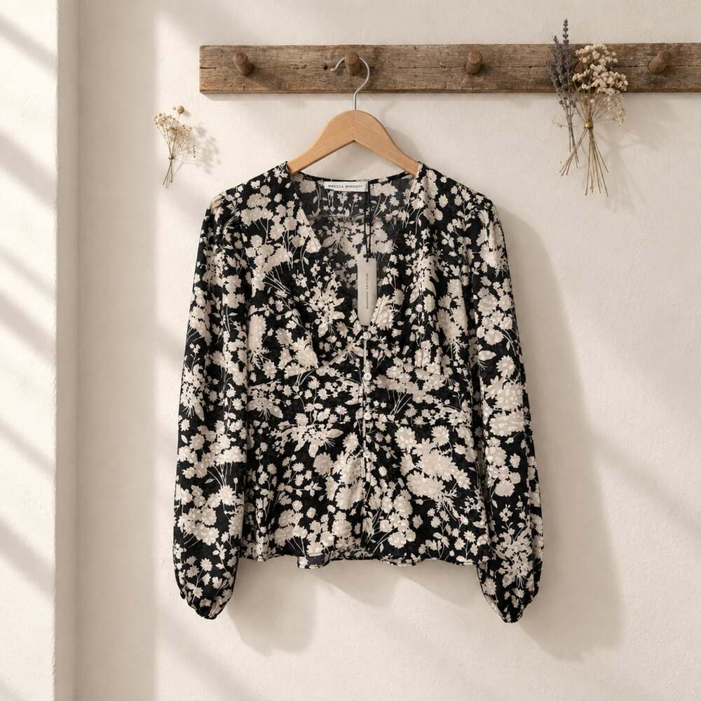 Rebecca Minkoff Cindy Floral Blouse Size XXS Black White Long Sleeve